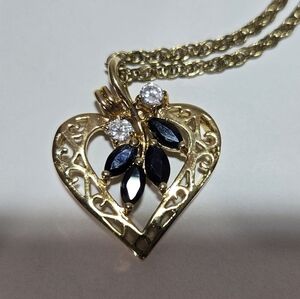 GOLD TONE  SAPPHIRE AND CZ HEART SHAPE PENDANT WITH CHAIN